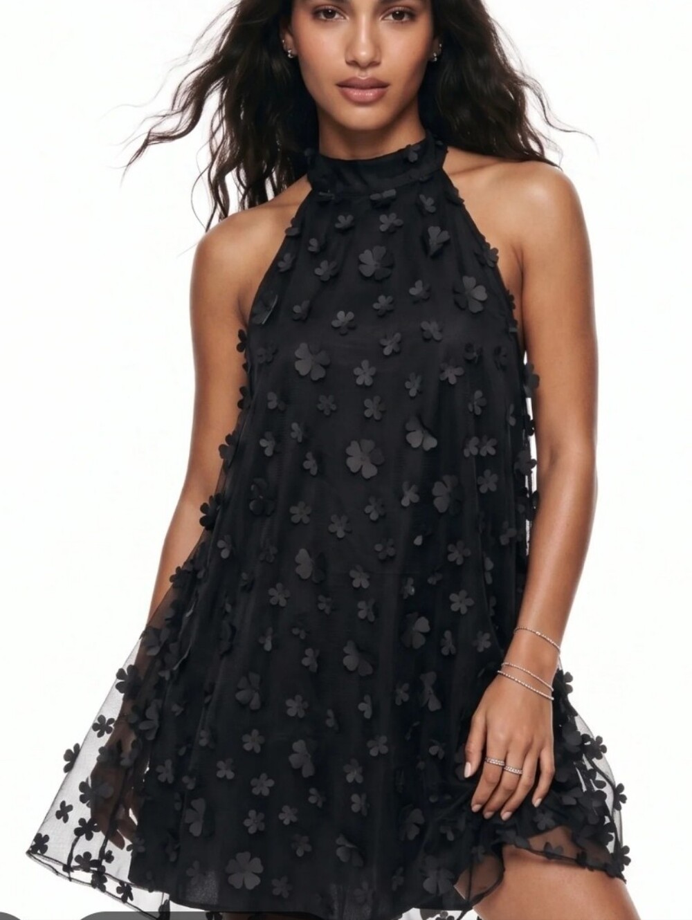 Floral Applique Black Halter Swing Dress